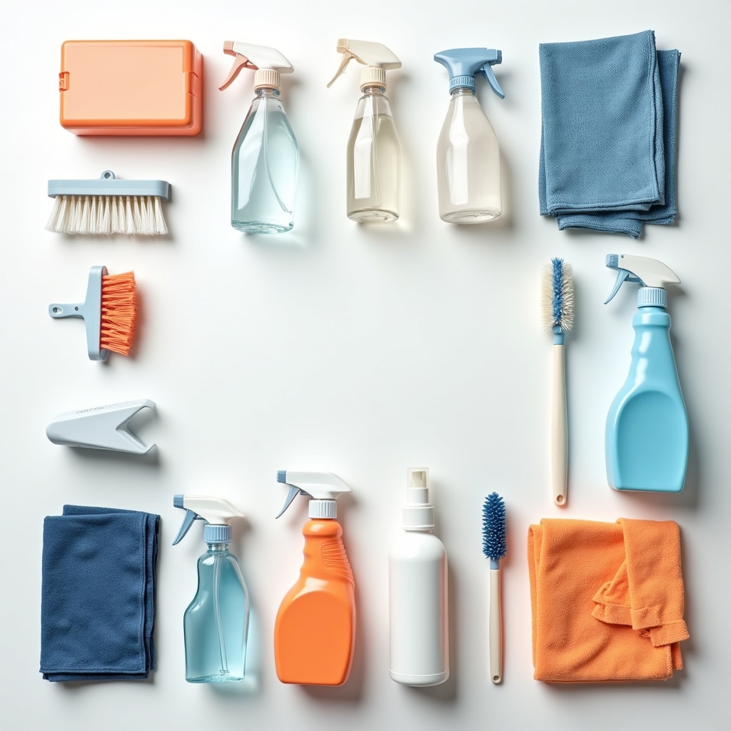 Organized display of professional cleaning products and supplies used by trained cleaning crews