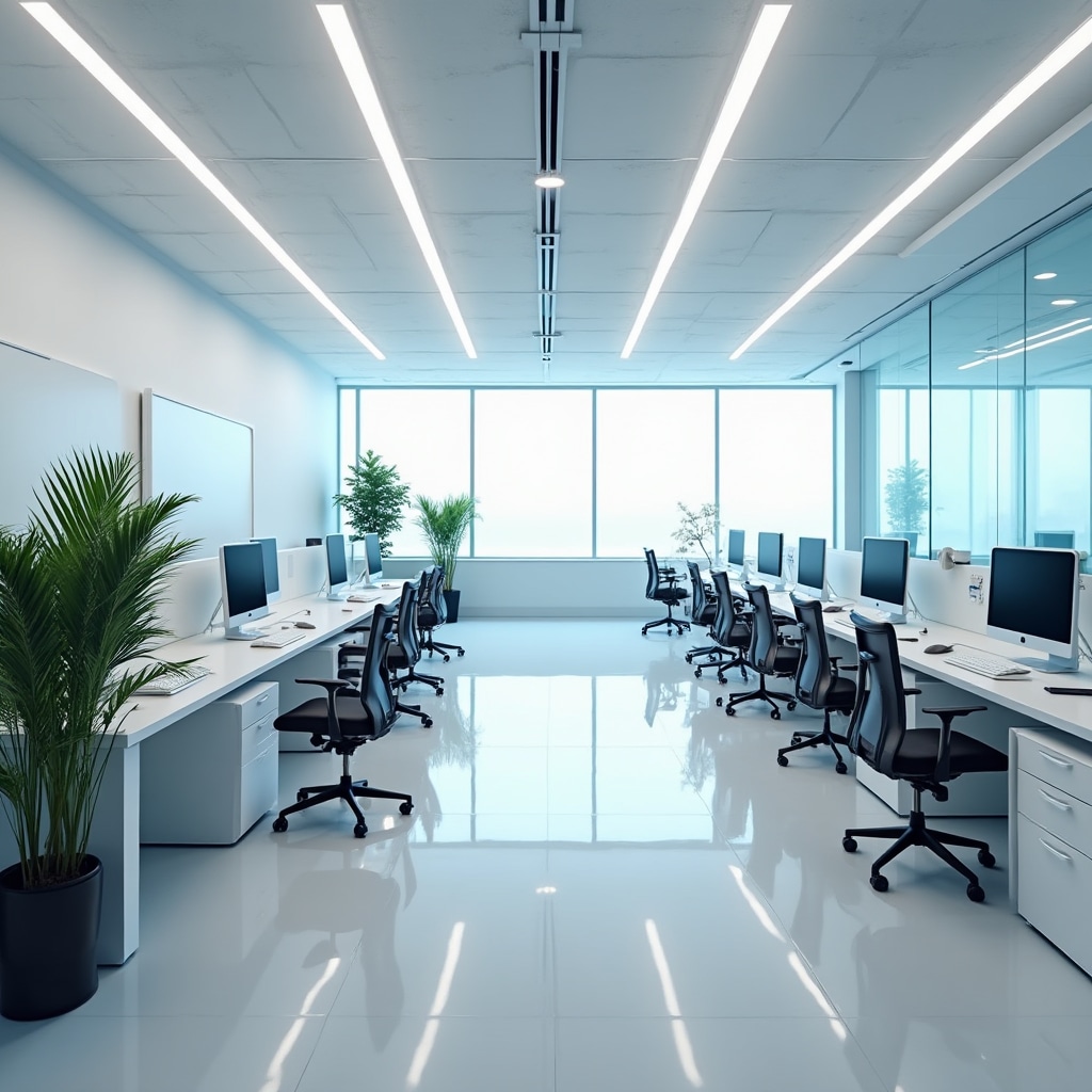 Professional commercial office space with clean desks and organized work environment