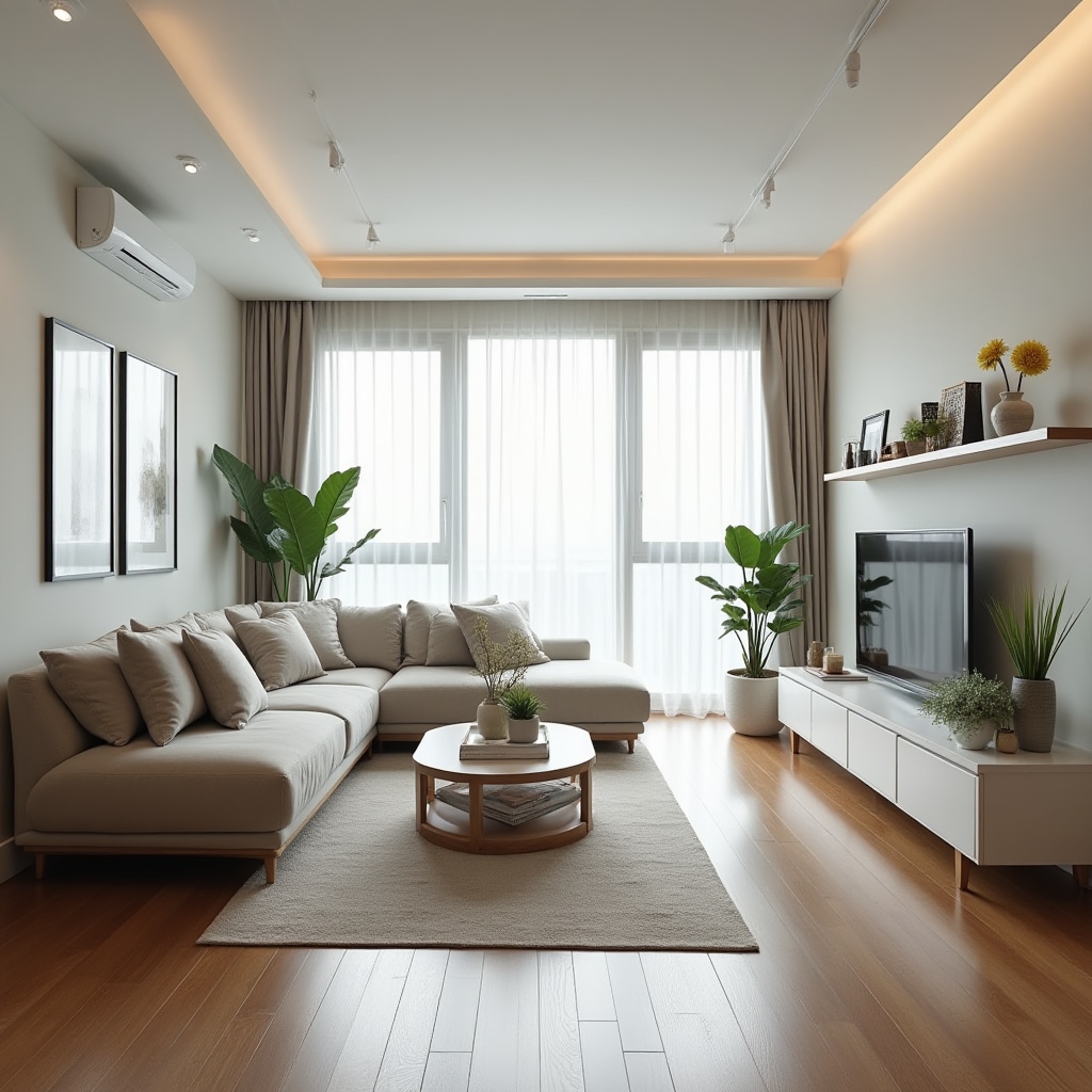 Clean and organized residential living room with comfortable furniture